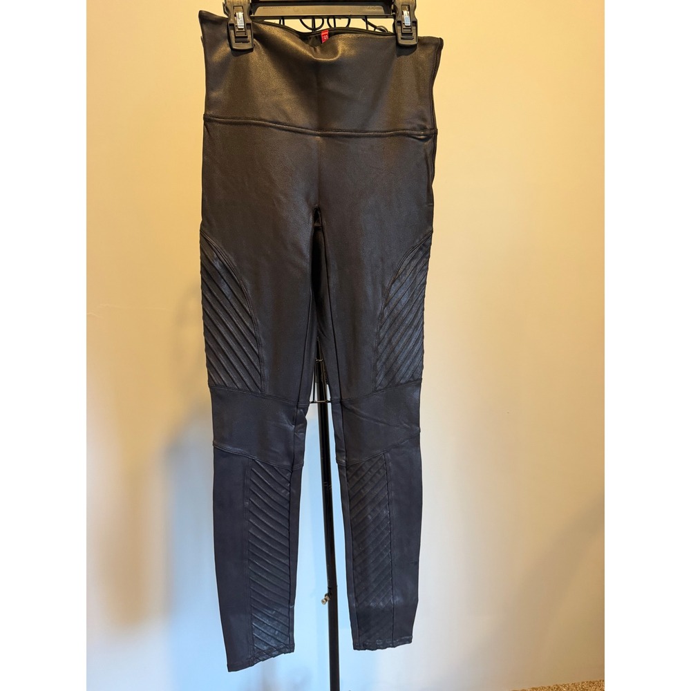 Spanx Faux Leather Moto Leggings Very Black High Rise Ribbed Edgy Size Medium